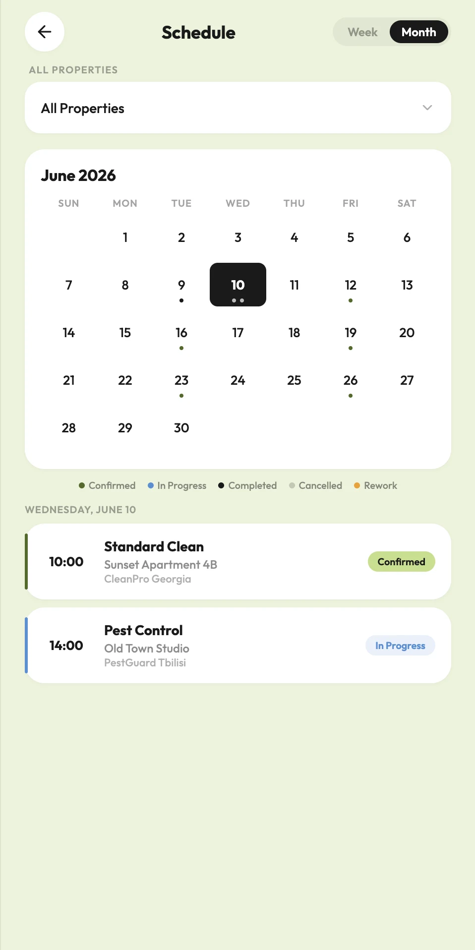 KAF monthly service schedule